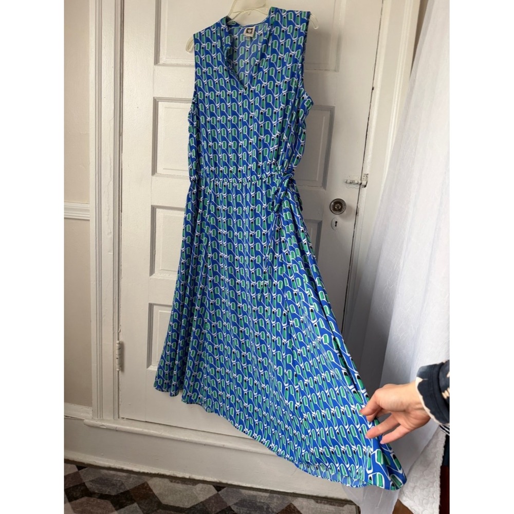 Anne Klein Blue & Green Geometric Sleeveless Maxi Dress Cinched Waist Office Lg - Picture 4 of 17